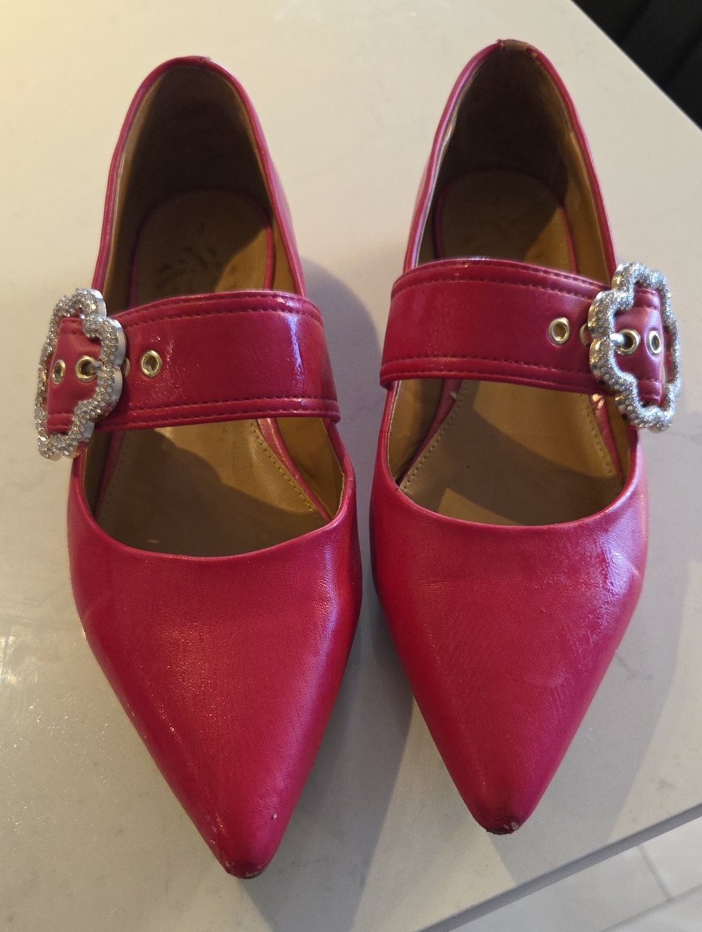 Sam & Libby Fuchsia Pointed-Toe Mary Jane Flats with Rhinestone Buckle